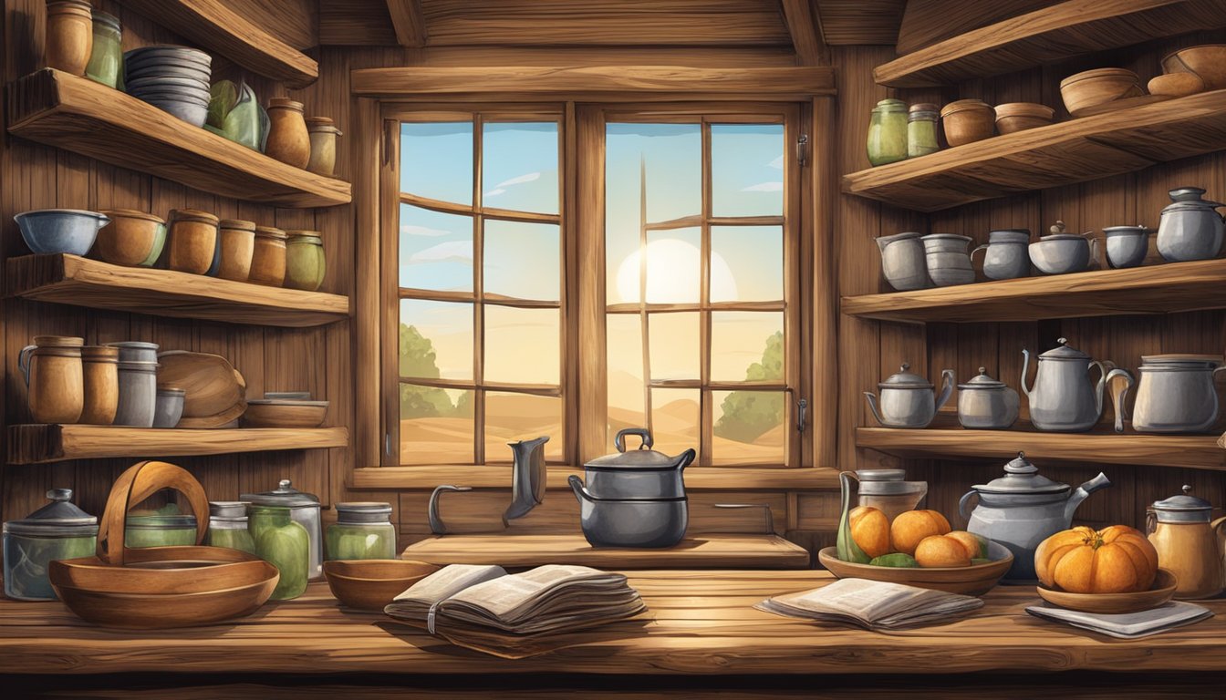 A rustic kitchen with worn wooden shelves filled with old cowboy cookbooks and open on a page with authentic western recipes