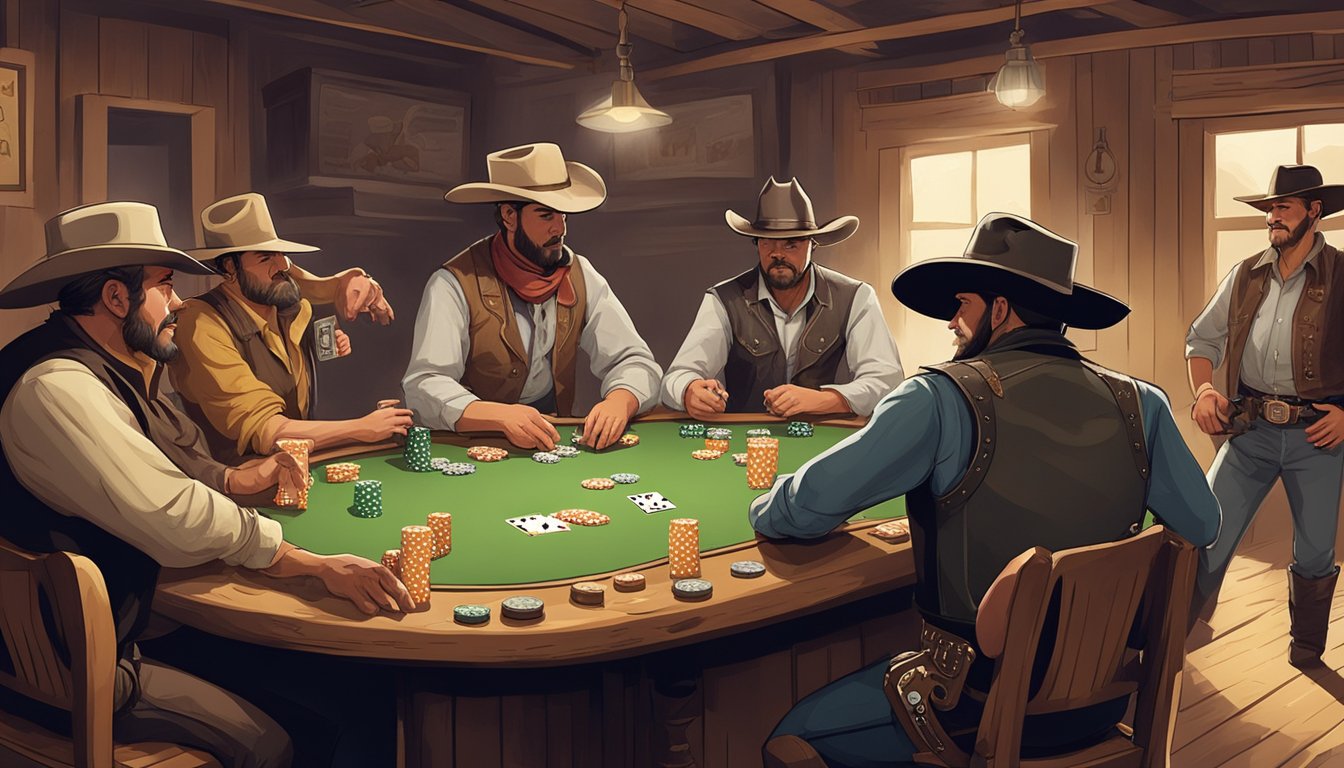 A rowdy saloon scene with cowboys arguing over a game of poker, while a sheriff stands by, ready to intervene