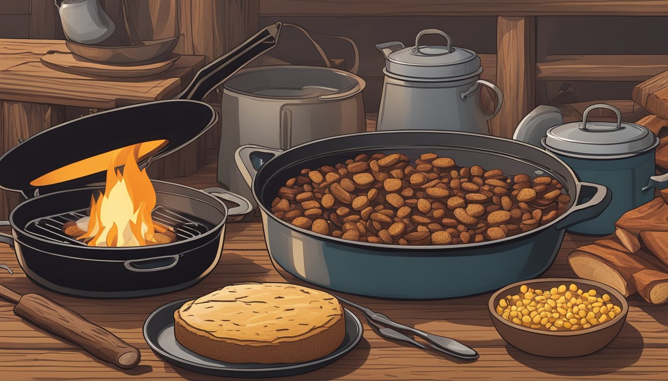 A campfire surrounded by cast iron pots and pans, with a cowboy hat resting on a nearby log. Ingredients like beans, bacon, and cornbread are laid out on a wooden table