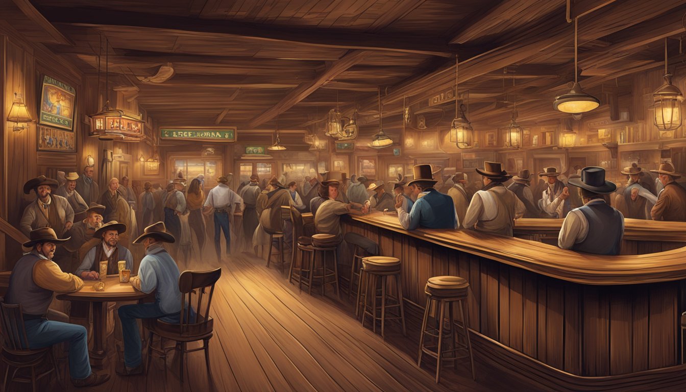 A bustling Wild West saloon with swinging doors, a long bar, poker tables, and lively patrons