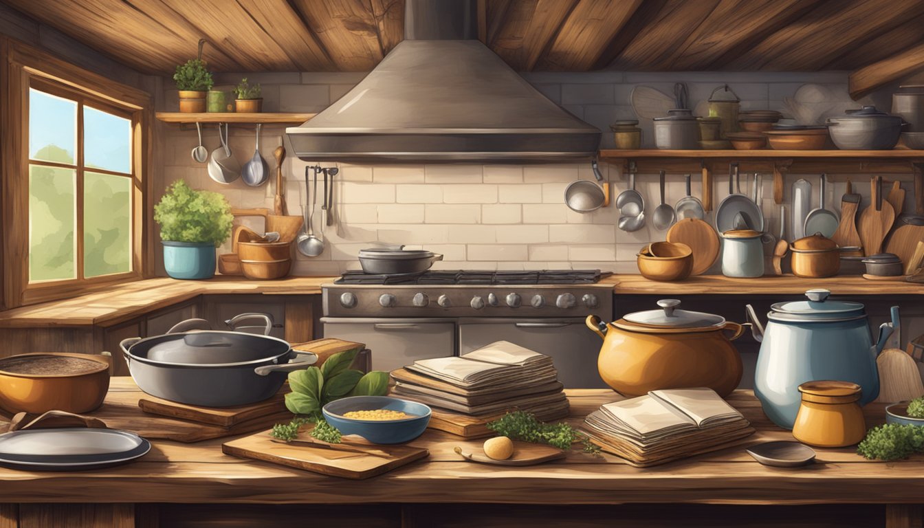 A rustic kitchen with cowboy cookbooks piled on a worn wooden table, surrounded by pots, pans, and cooking utensils