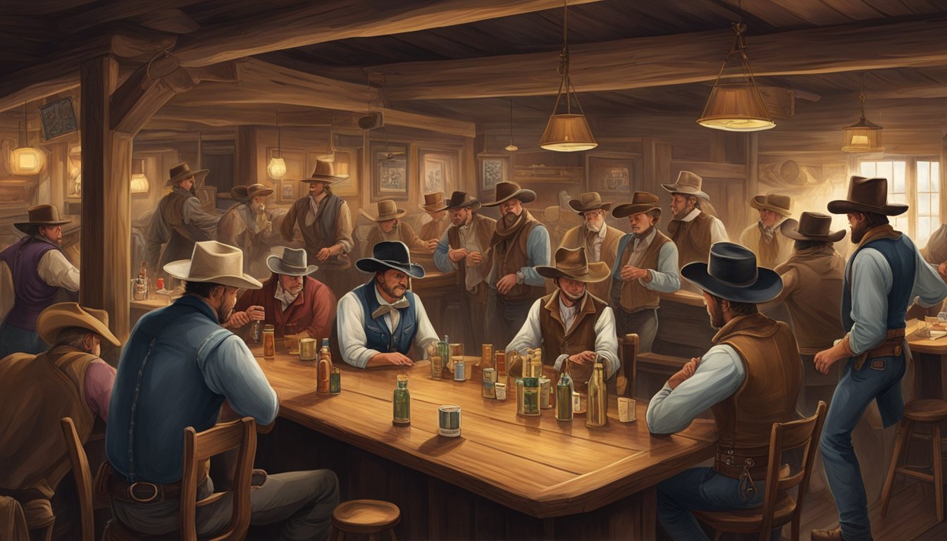 A bustling saloon with swinging doors, a long wooden bar, and cowboys gathered around tables playing cards and drinking whiskey