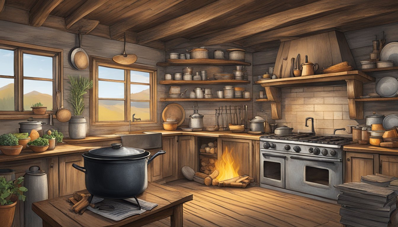 A rustic kitchen with a worn wooden table covered in cowboy cookbooks, pots, and pans. A cast iron skillet sizzles over a crackling fire