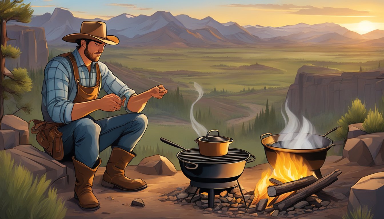 A cowboy cooking over a campfire, surrounded by rugged Western landscape and using traditional cast iron cookware