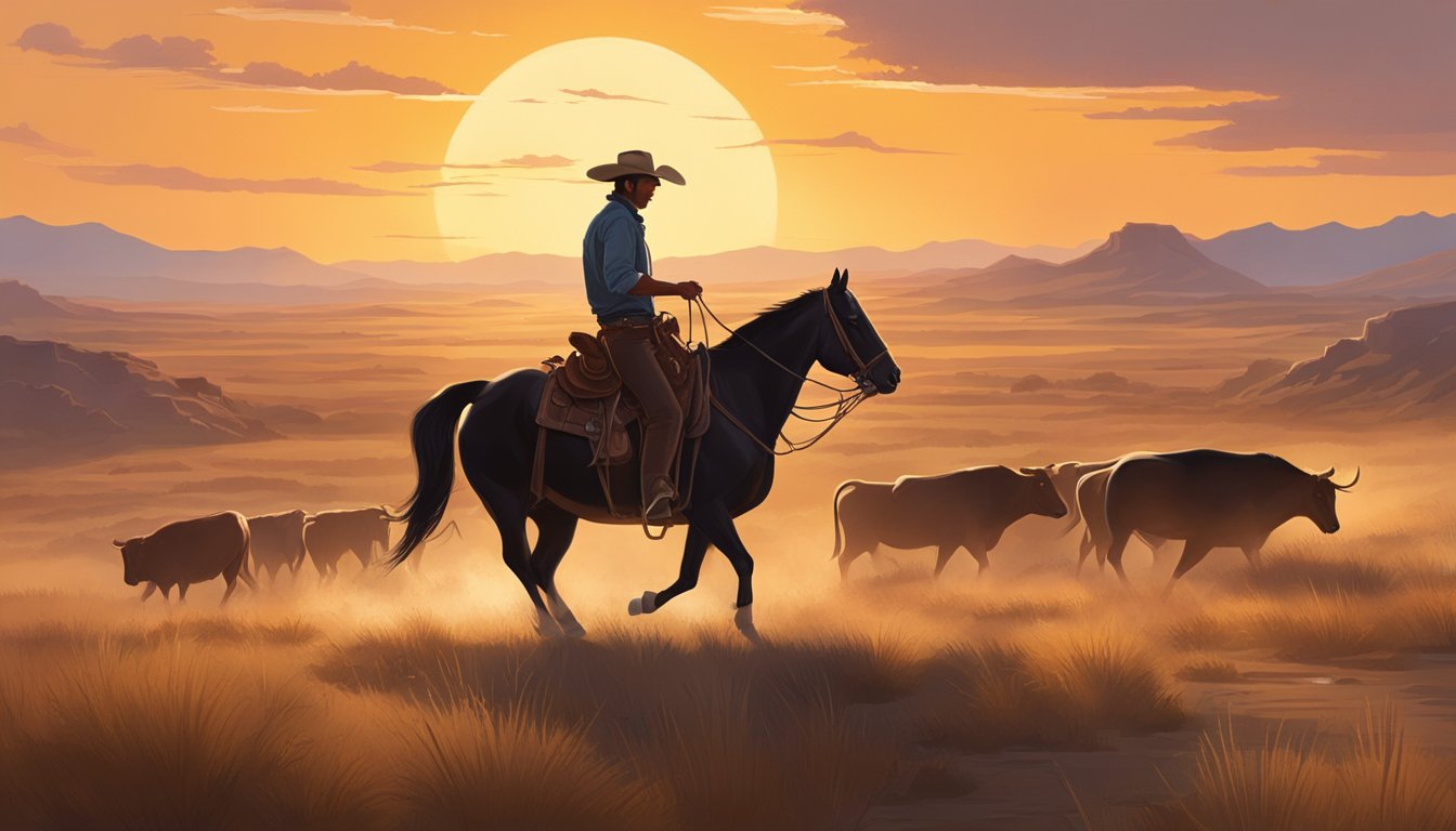 A lone cowboy riding across an expansive western landscape, with a herd of cattle in the distance and a setting sun casting a warm glow over the scene