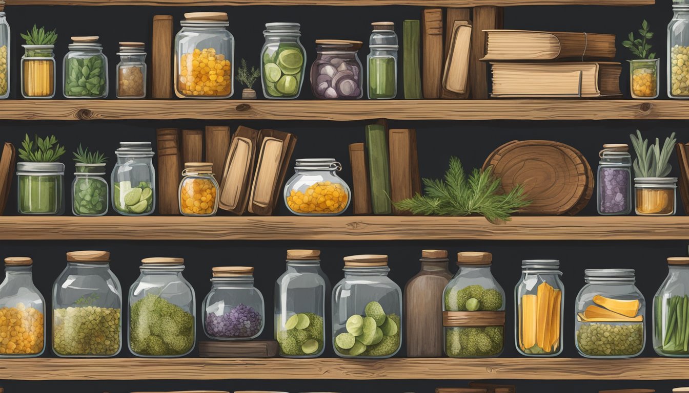 A rustic wooden bookshelf filled with weathered cowboy cookbooks, surrounded by jars of preserved ingredients like pickles and dried herbs