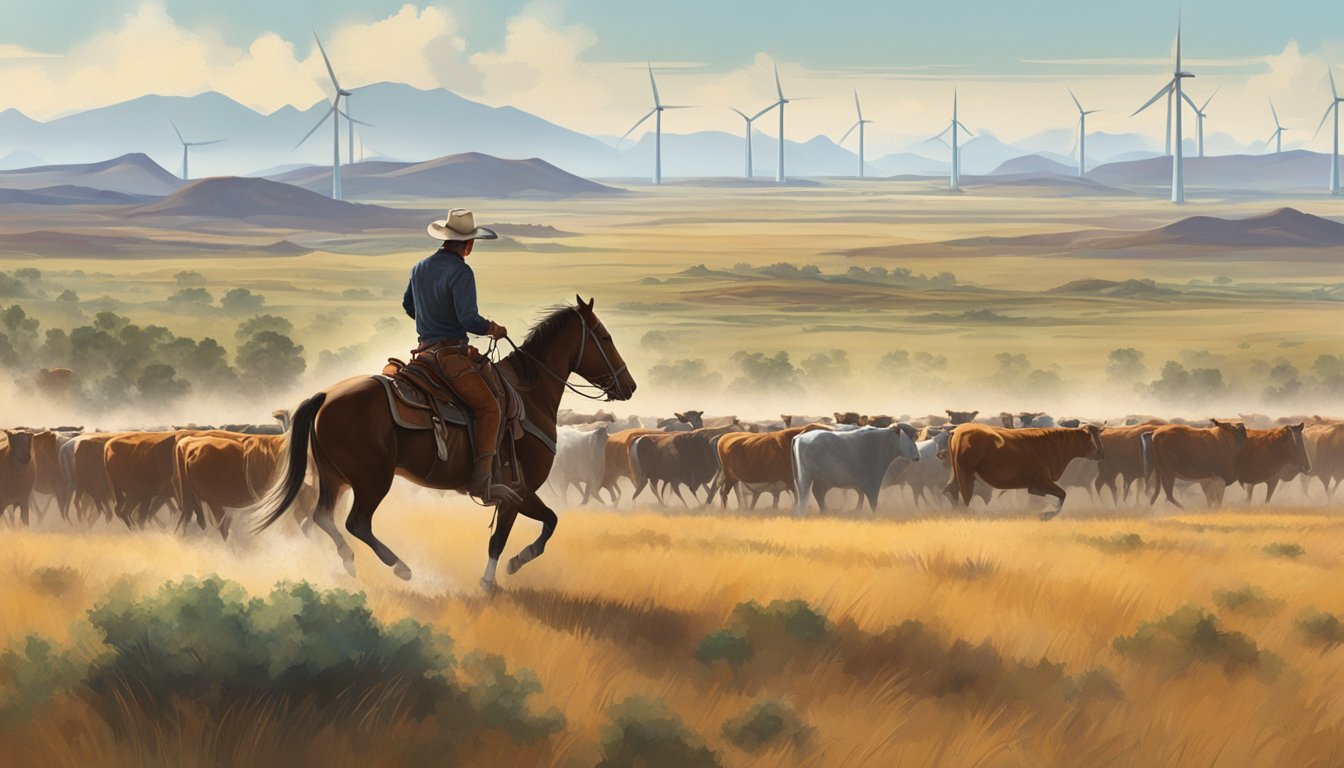 A cowboy on horseback herding cattle through a vast, open range with wind turbines in the distance, showcasing the integration of modern technology in sustainable ranching practices