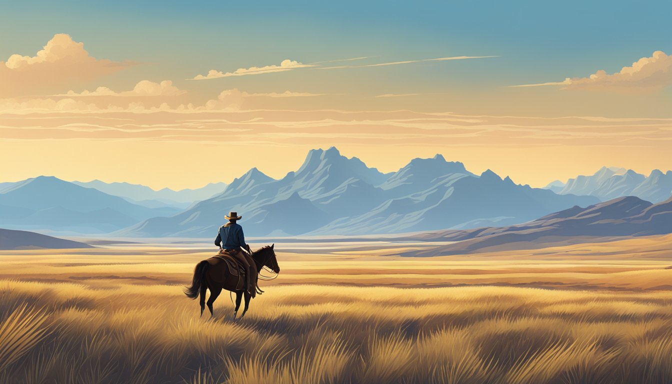 A lone cowboy riding across a vast open prairie, with rugged mountains in the distance and a bright blue sky overhead