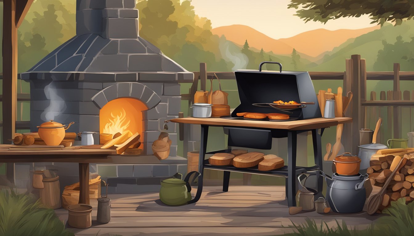 A rustic outdoor kitchen with a campfire, cast iron pots, and a wooden table set with cowboy cookbooks and ingredients