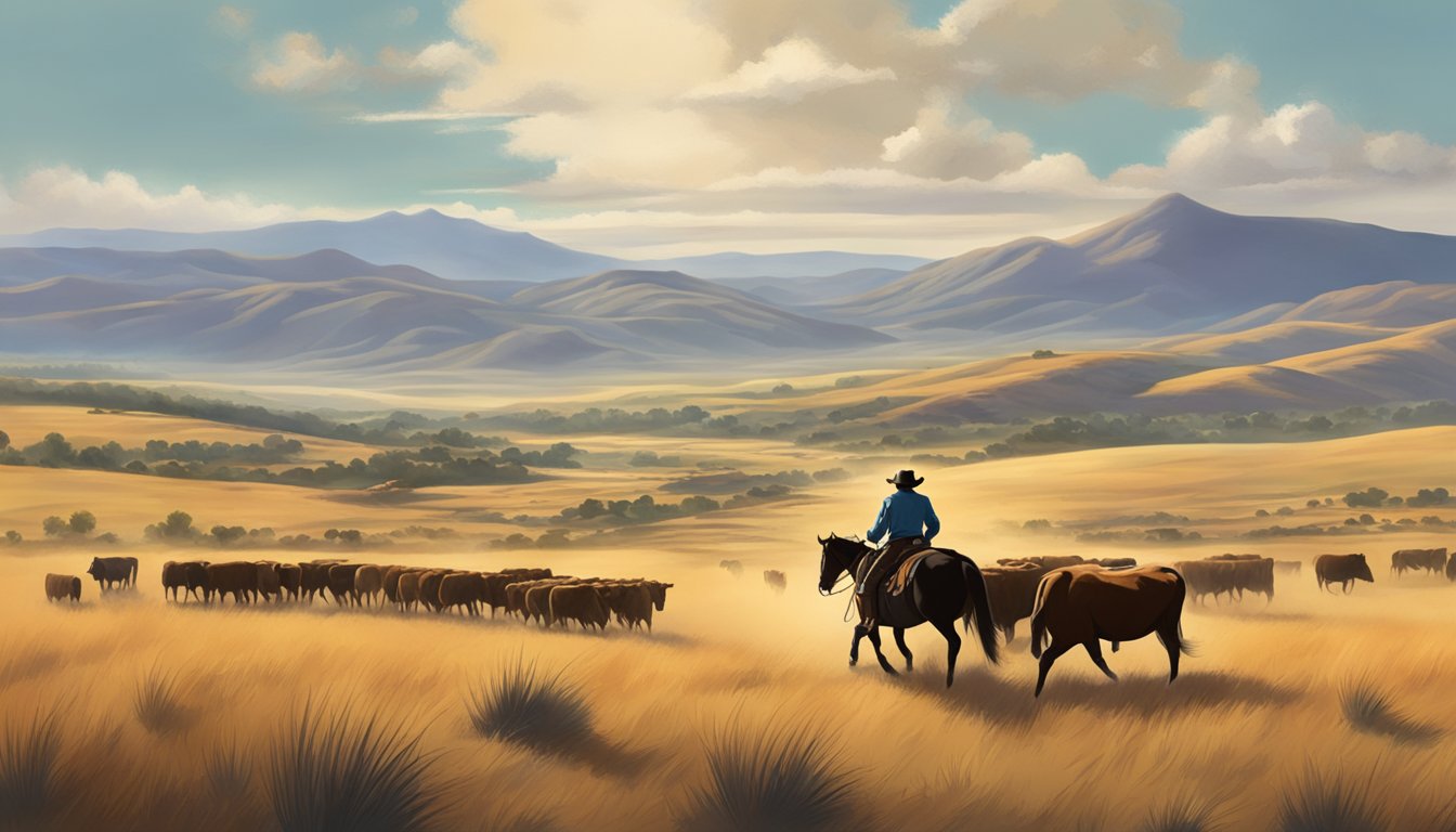 A lone cowboy on horseback herding cattle across a vast open range, with rolling hills and a big sky in the background