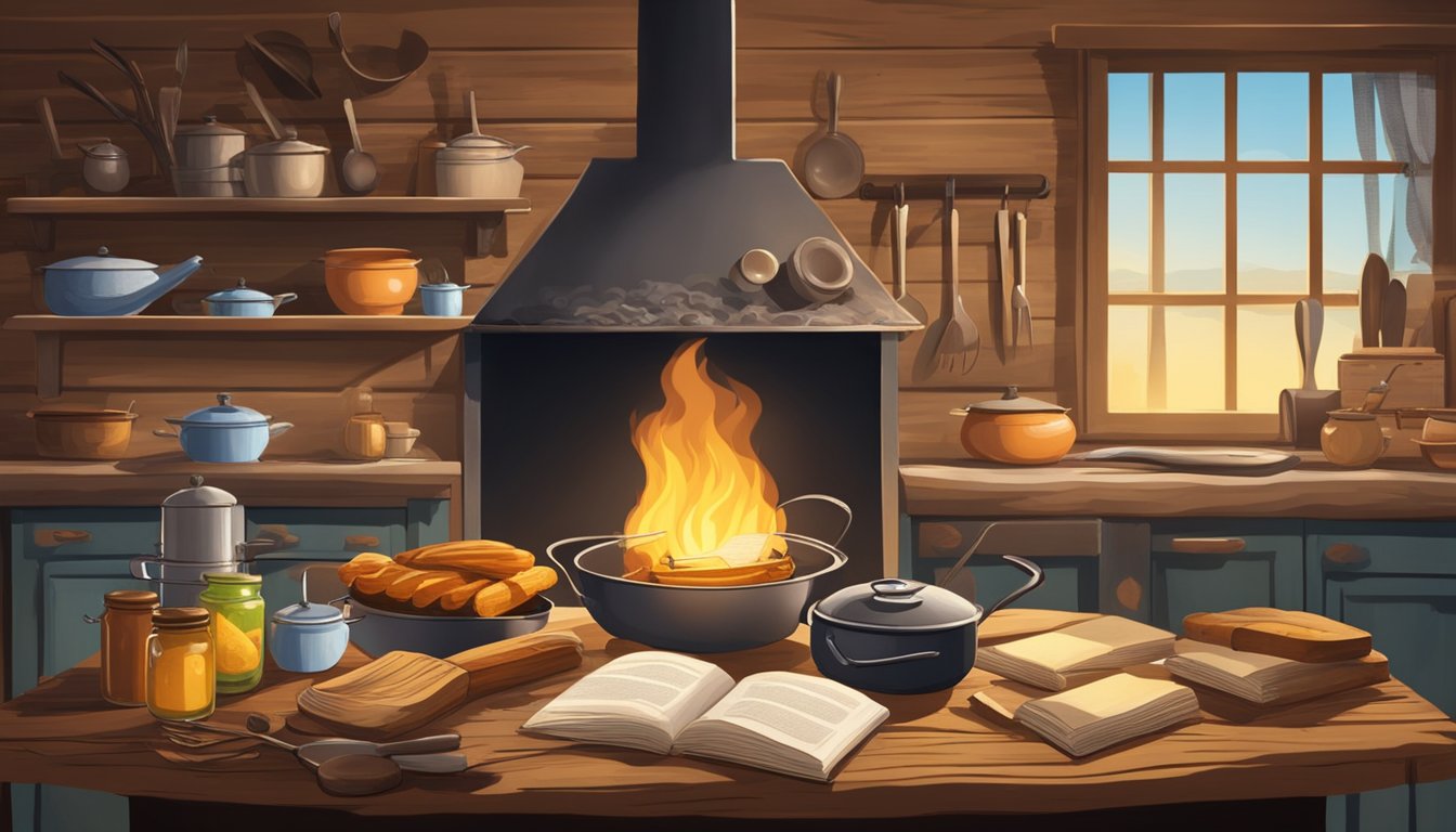 A rustic kitchen with a worn wooden table holding open cowboy cookbooks, surrounded by vintage cooking utensils and a flickering campfire in the background