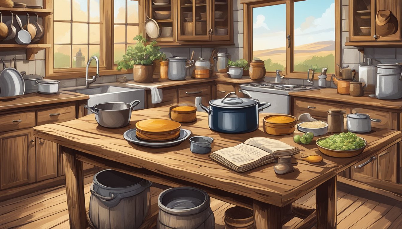 A rustic kitchen with cowboy cookbooks on a worn wooden table, surrounded by pots, pans, and ingredients. A cowboy hat hangs on a hook