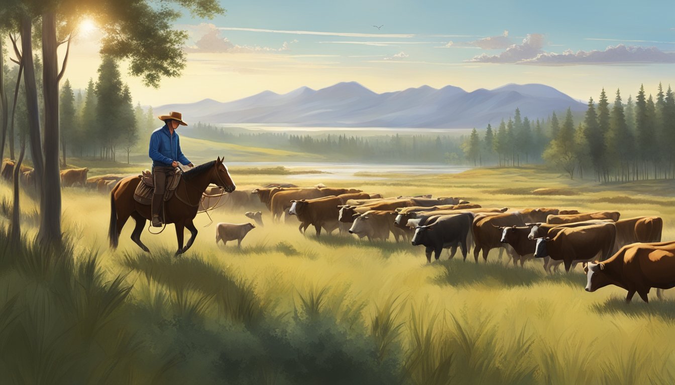 A modern cowboy herding cattle through a diverse landscape of grasslands, forests, and wetlands, with various wildlife species coexisting in the natural ecosystem