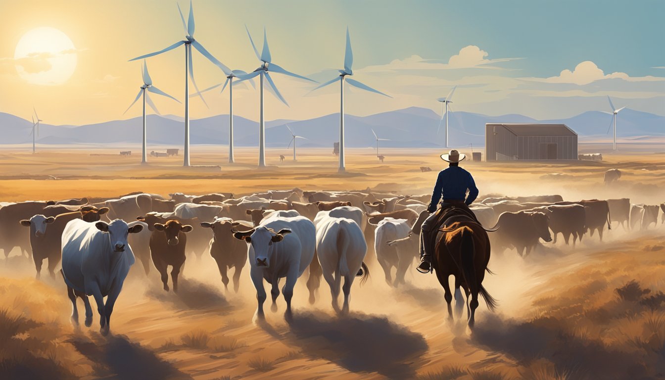 A modern cowboy herding cattle on a vast, open range with wind turbines and solar panels in the background