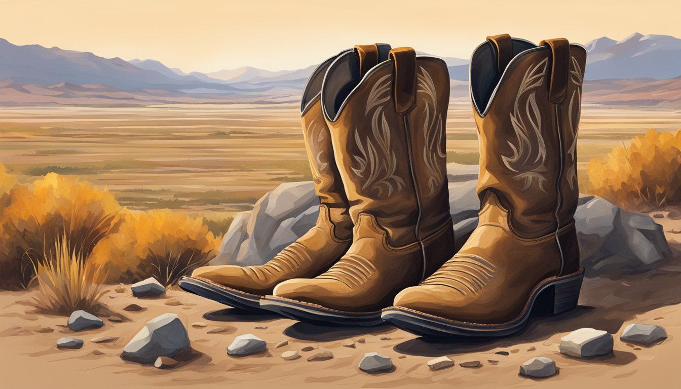 A pair of worn cowboy boots sit next to a campfire, surrounded by the vast open plains of the American West. The boots symbolize the rugged spirit and resilience of the cowboy culture