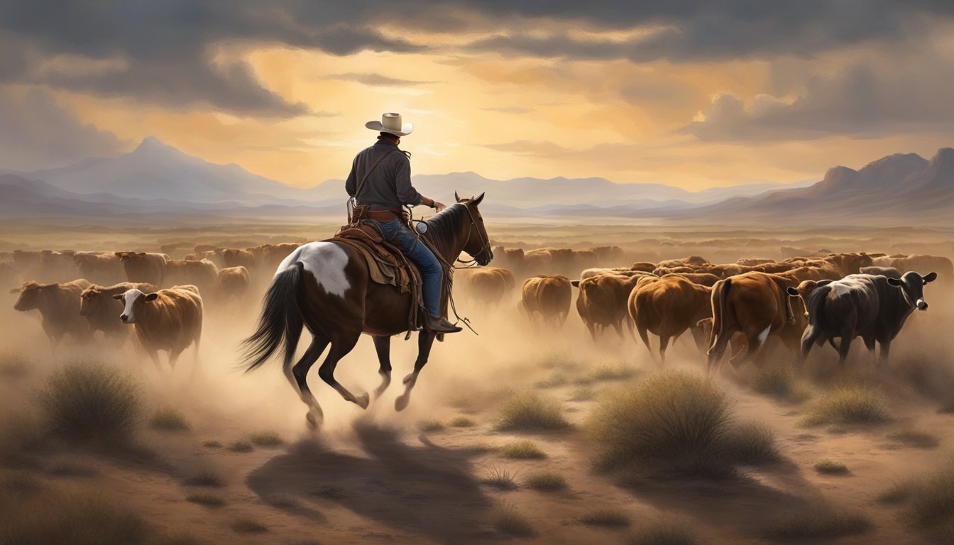 A lone cowboy rides through a rugged landscape, herding cattle under a dramatic sky. Dust kicks up from the hooves of the cattle as they move across the open range