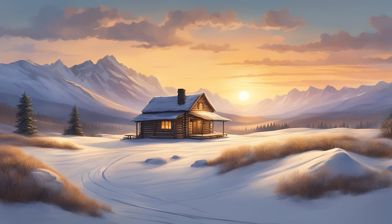 A lone cabin stands amidst a snowy, windswept landscape. Smoke billows from the chimney as the sun sets behind the rugged mountains