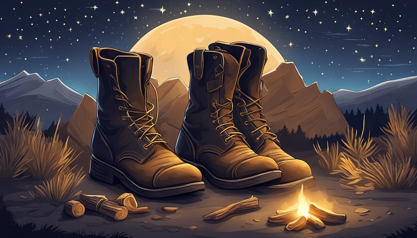 A lone pair of worn leather boots and a weathered saddle sit beside a crackling campfire under a starry night sky