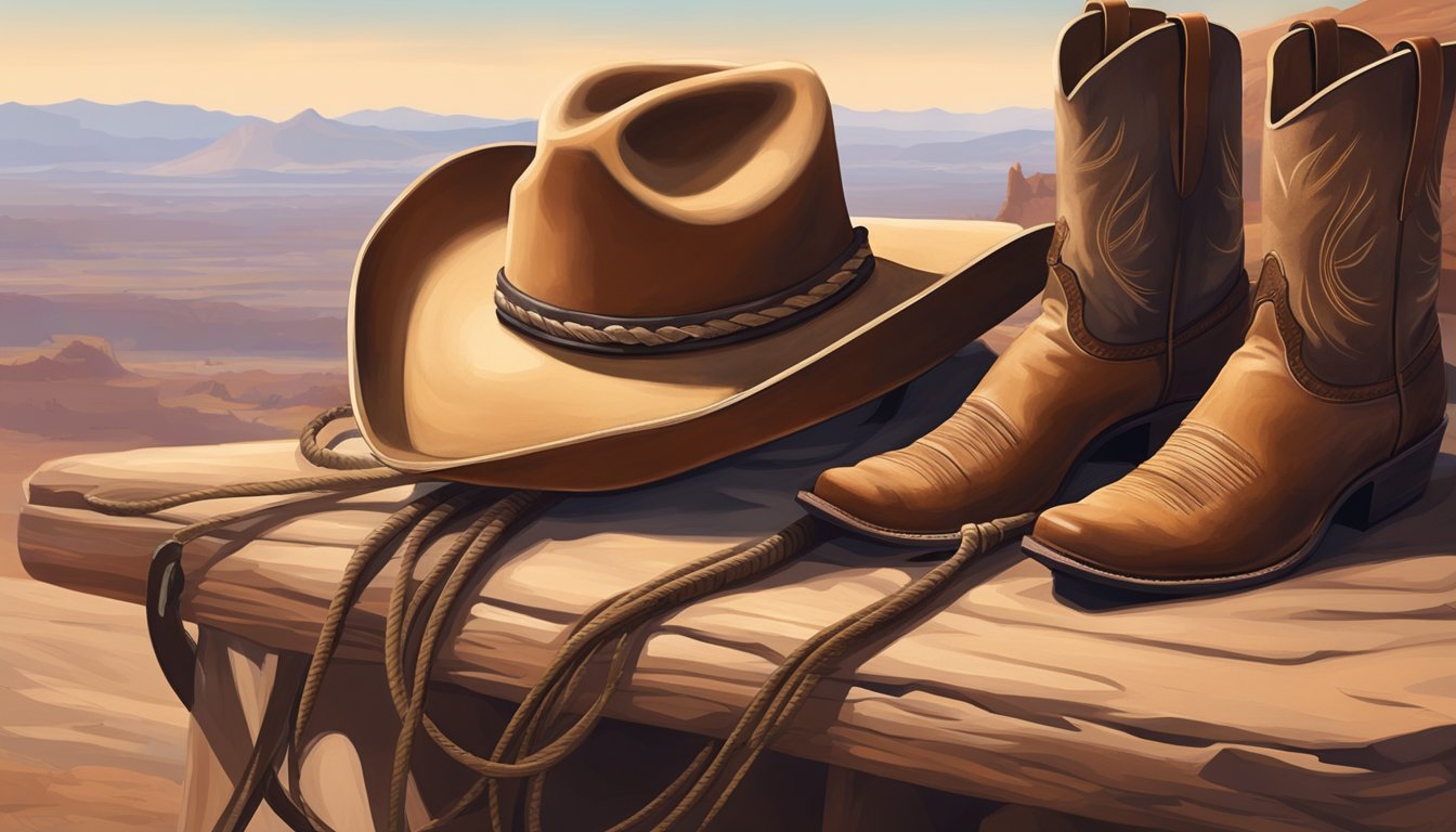 A weathered cowboy hat and worn leather boots sit next to a coiled lasso and a dusty saddle, all against a backdrop of a rugged desert landscape