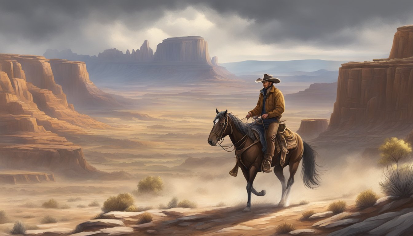 A lone cowboy rides through a rugged landscape, facing the elements with determination and resilience