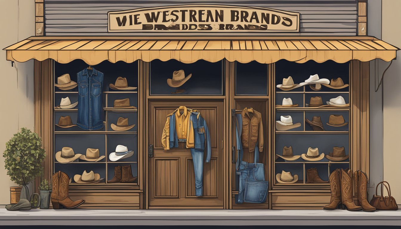 A storefront with a weathered wooden sign reading "Iconic Western Wear Brands." Displayed are cowboy boots, hats, and denim shirts