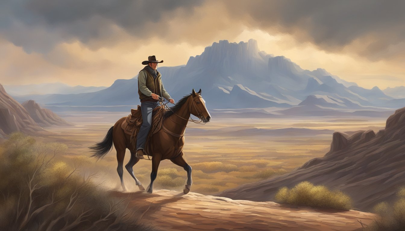 A lone cowboy rides through a rugged landscape, facing the elements with determination and resilience