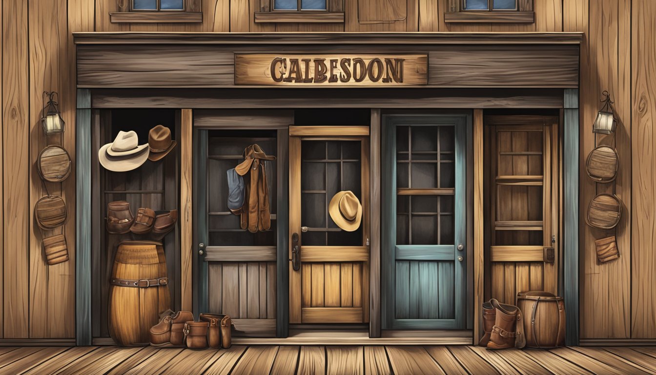 A rustic storefront with weathered wooden signs and swinging saloon doors. A display of cowboy hats, boots, and leather belts catches the eye