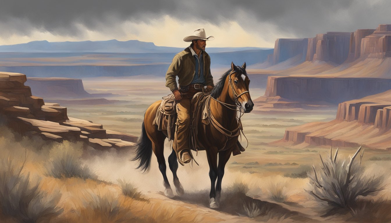 A lone cowboy rides through a rugged landscape, facing the elements with determination and grit. His weathered clothing and stoic expression reflect the enduring influence of cowboys in modern America