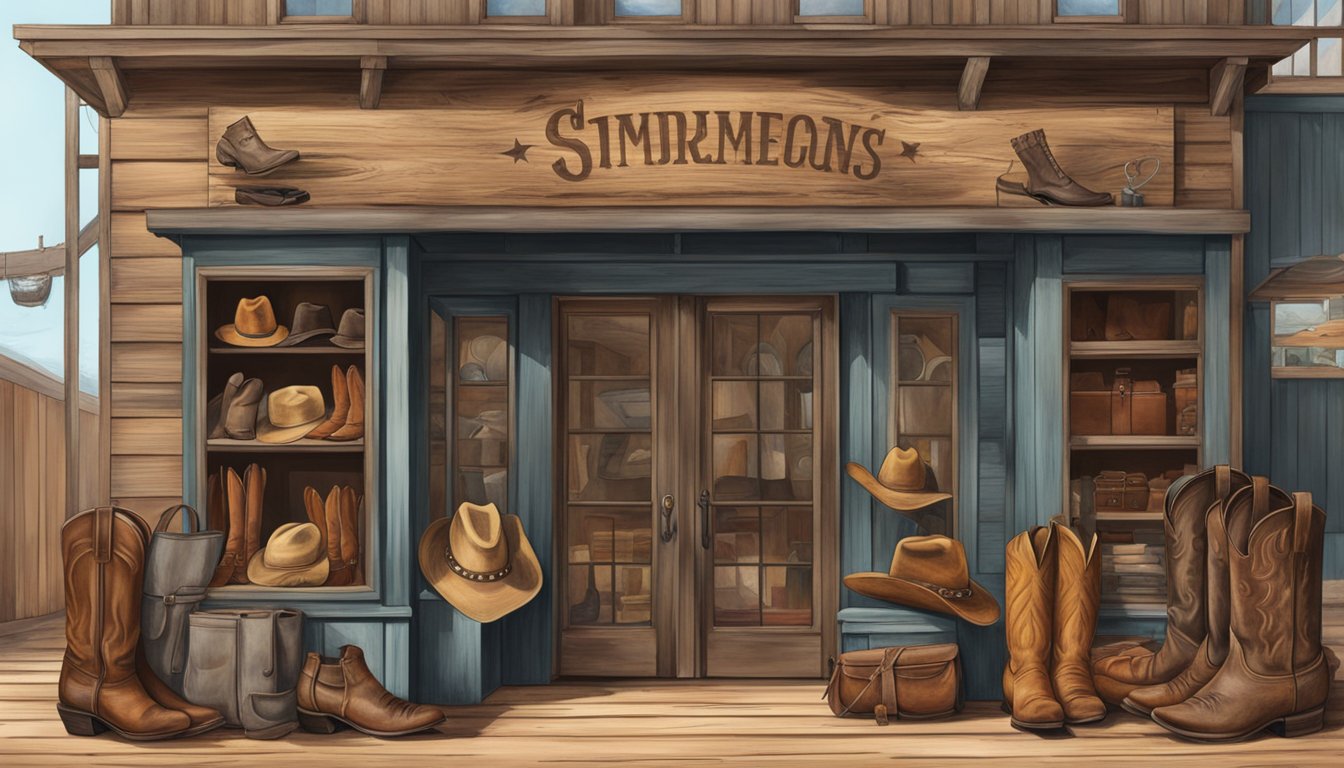 A rustic storefront with weathered wood and a hand-painted sign, showcasing a variety of cowboy boots, hats, and leather goods