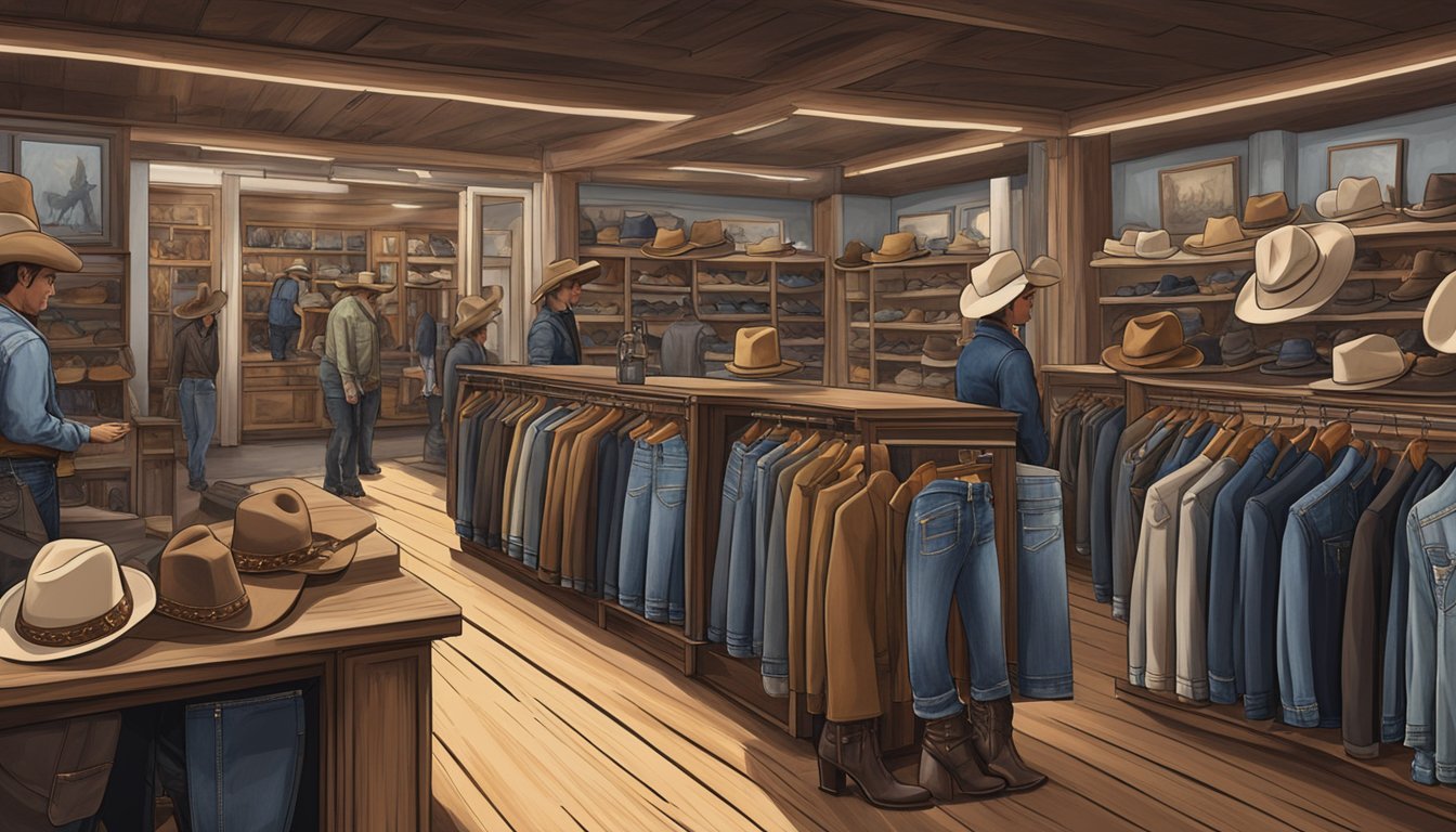 A bustling western wear store with rows of cowboy hats, boots, and denim clothing on display, with customers browsing the latest trends in Western fashion