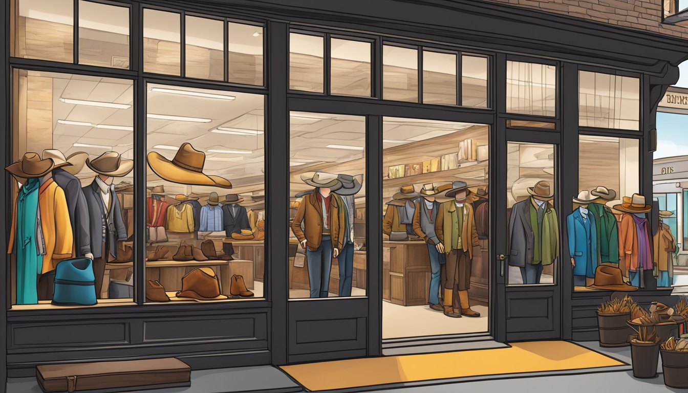 A bustling western wear store with iconic cowboy hats, boots, and colorful apparel displayed in the front window