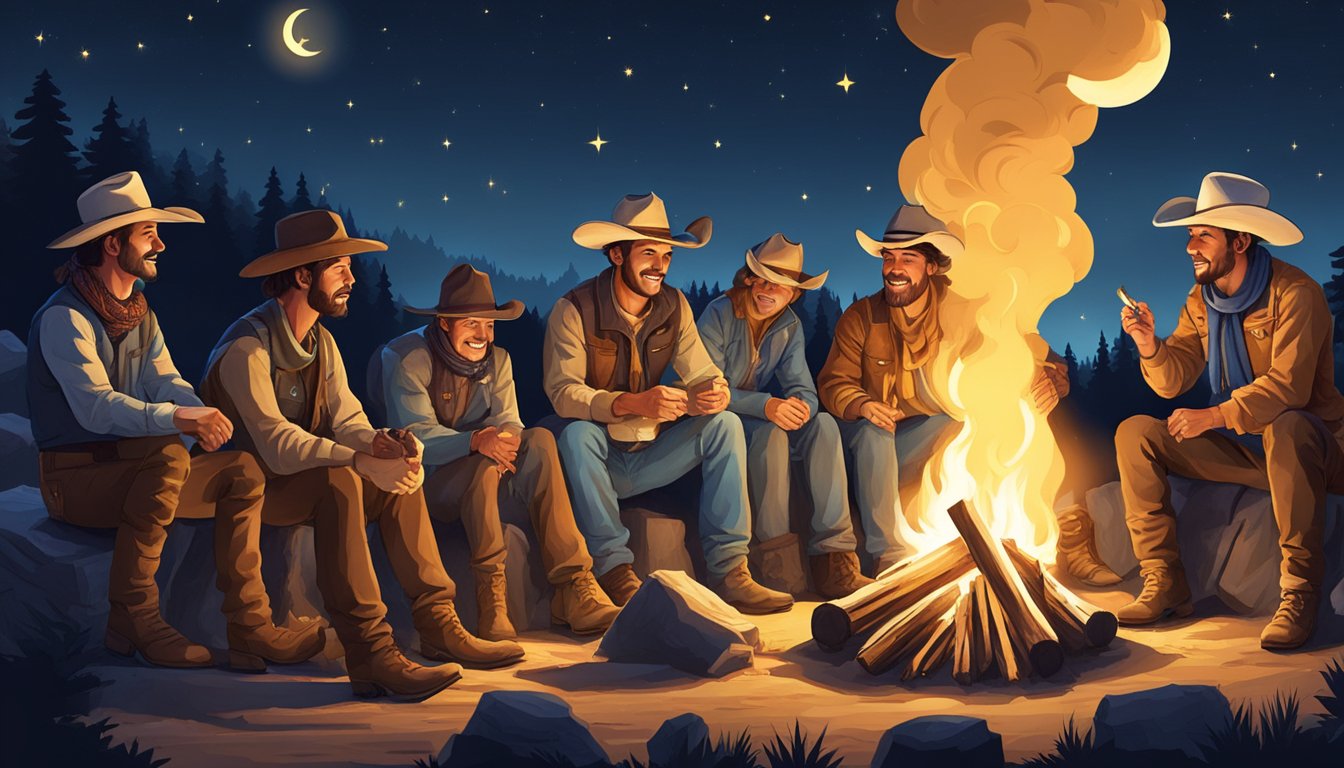 A group of cowboys gathered around a crackling campfire, sharing tales of their adventures under the starry night sky