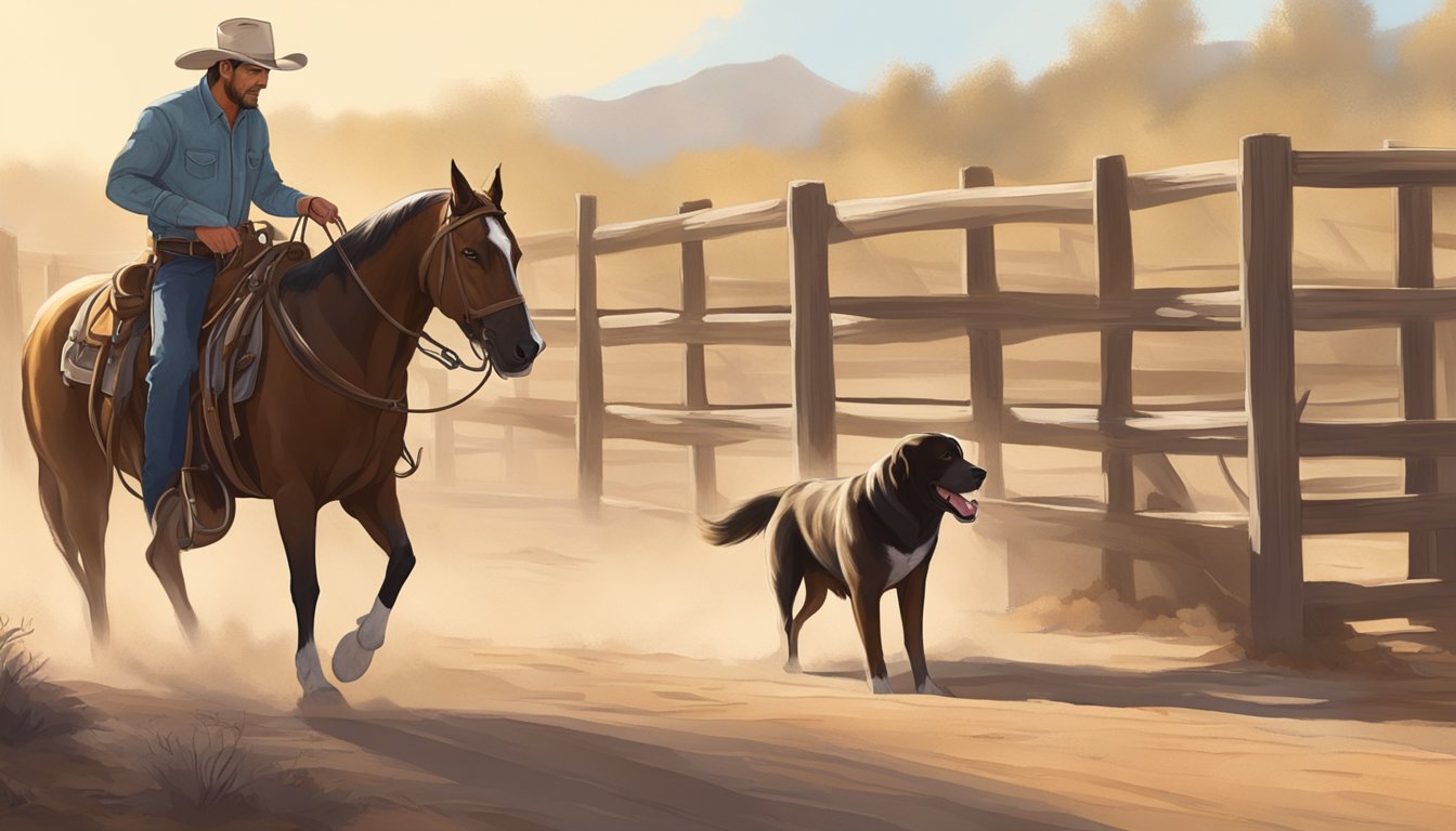 A cowboy gently guides his loyal dog through a series of training exercises in a dusty, sun-soaked corral