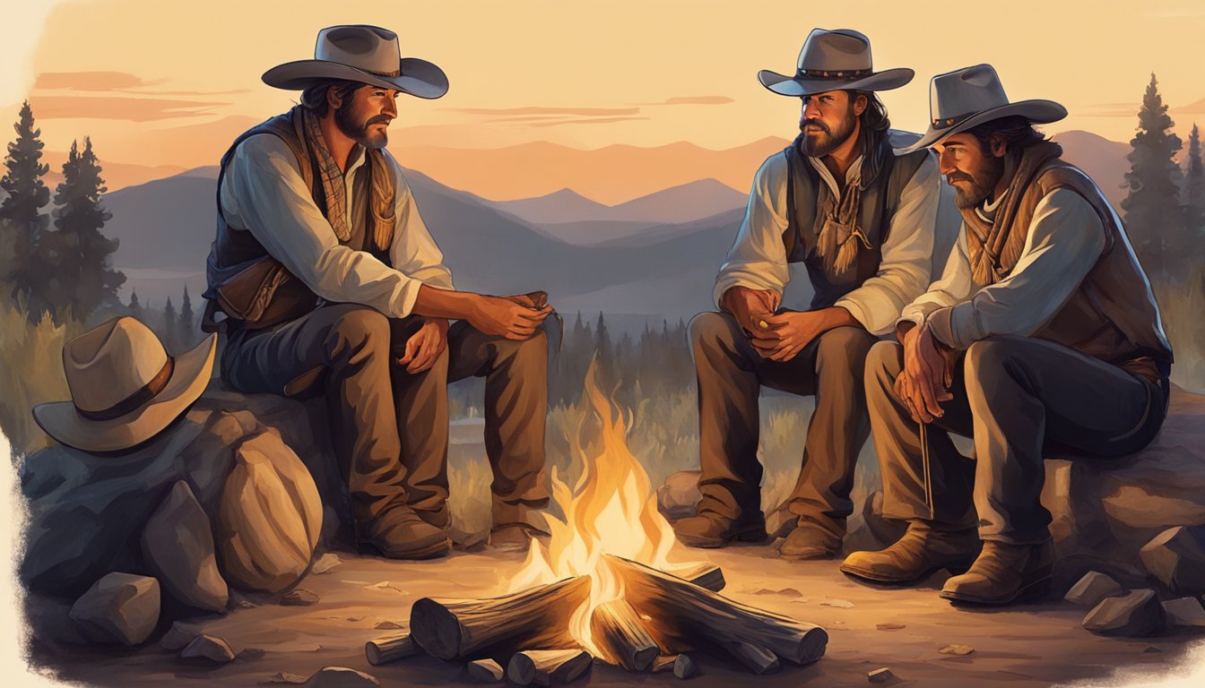 A group of cowboys gather around a crackling campfire, sharing stories and passing down their cultural heritage through the tradition of storytelling