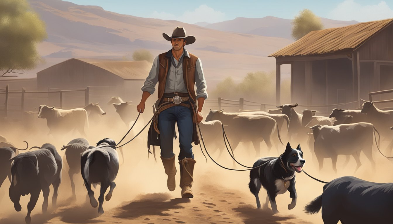 A cowboy and his loyal dog practice herding cattle in a dusty corral, the dog eagerly following the cowboy's commands