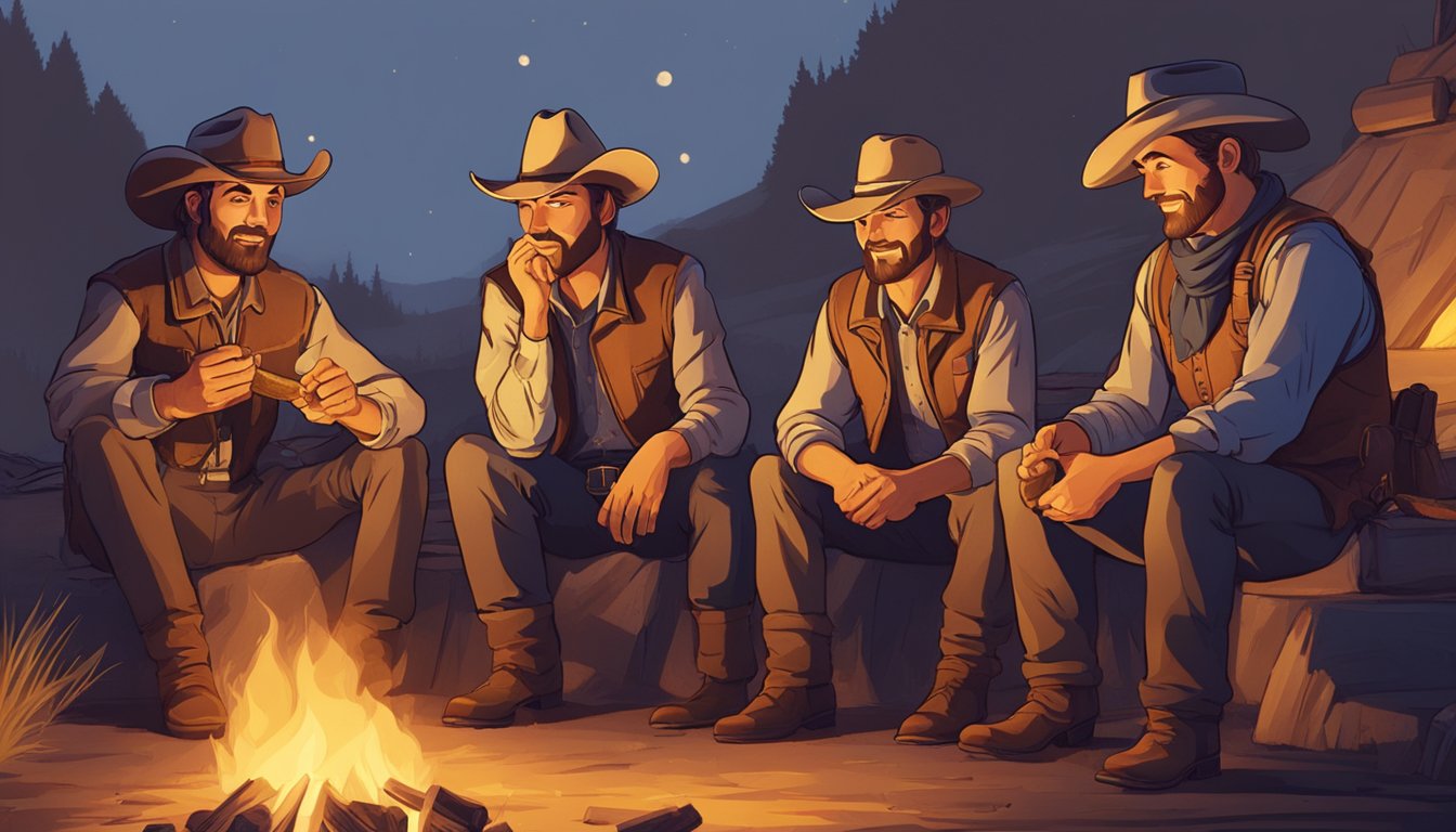 A group of cowboys sit around a crackling campfire, illuminated by the warm glow. They lean in, gesturing and telling stories with animated expressions