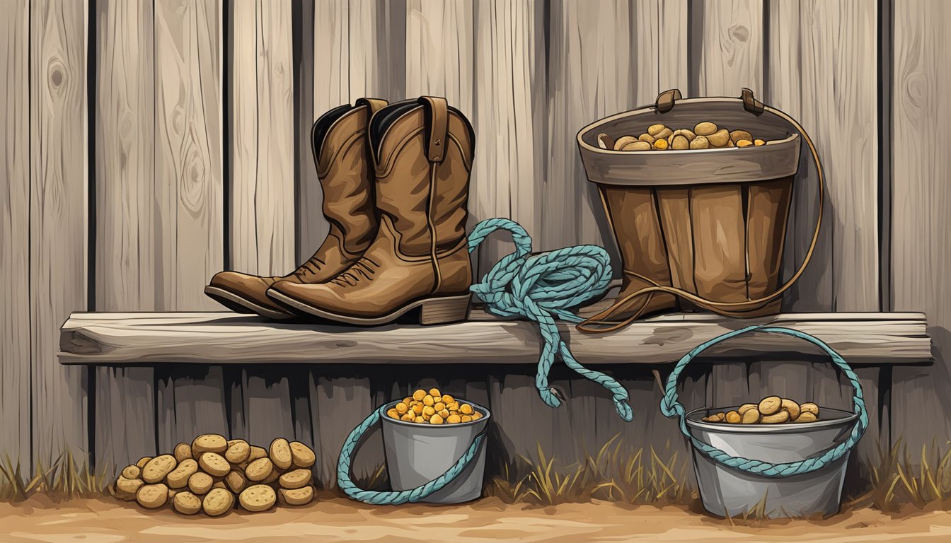 A lasso hanging from a weathered fence, a saddle resting on a wooden rail, and a pair of worn cowboy boots next to a bucket of training treats for a loyal canine companion