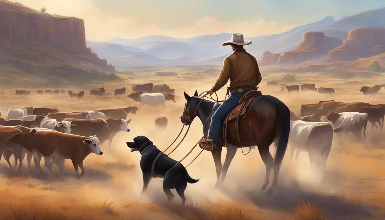 A cowboy trains his loyal dog to round up cattle on a dusty ranch, surrounded by rolling hills and a tight-knit community