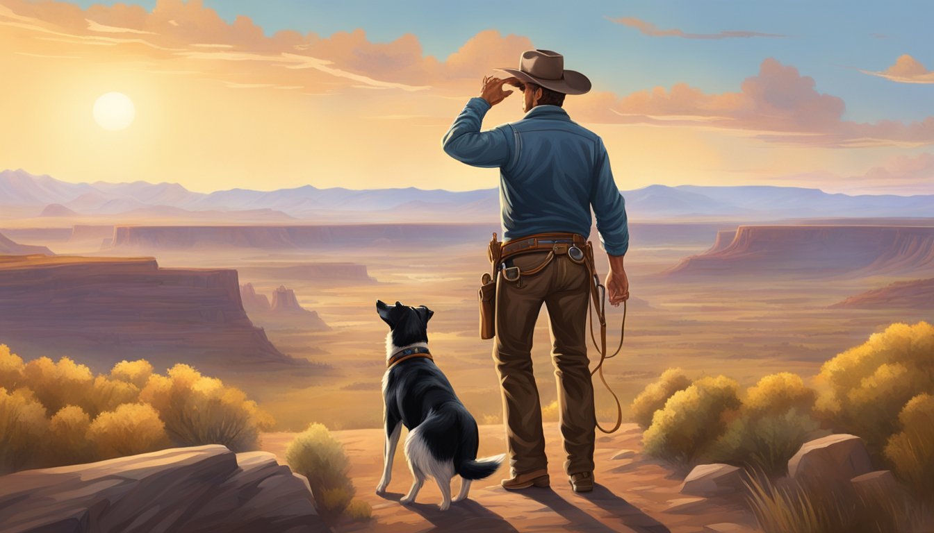 A cowboy expertly trains his loyal dog, using hand signals and voice commands, surrounded by the vast open landscape of the American West