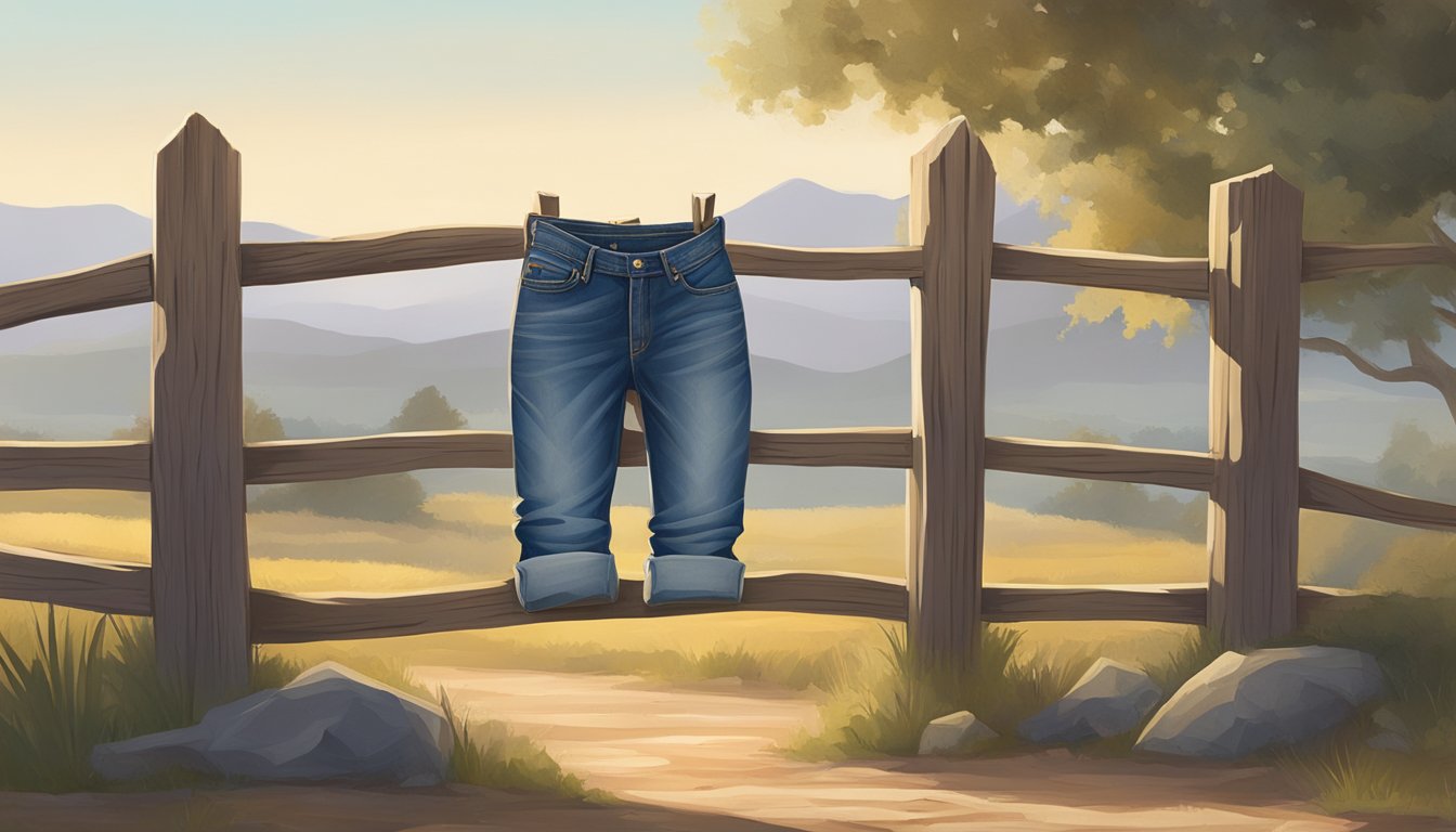 A lone pair of worn denim jeans draped over a wooden fence post, surrounded by a dusty, sun-drenched landscape