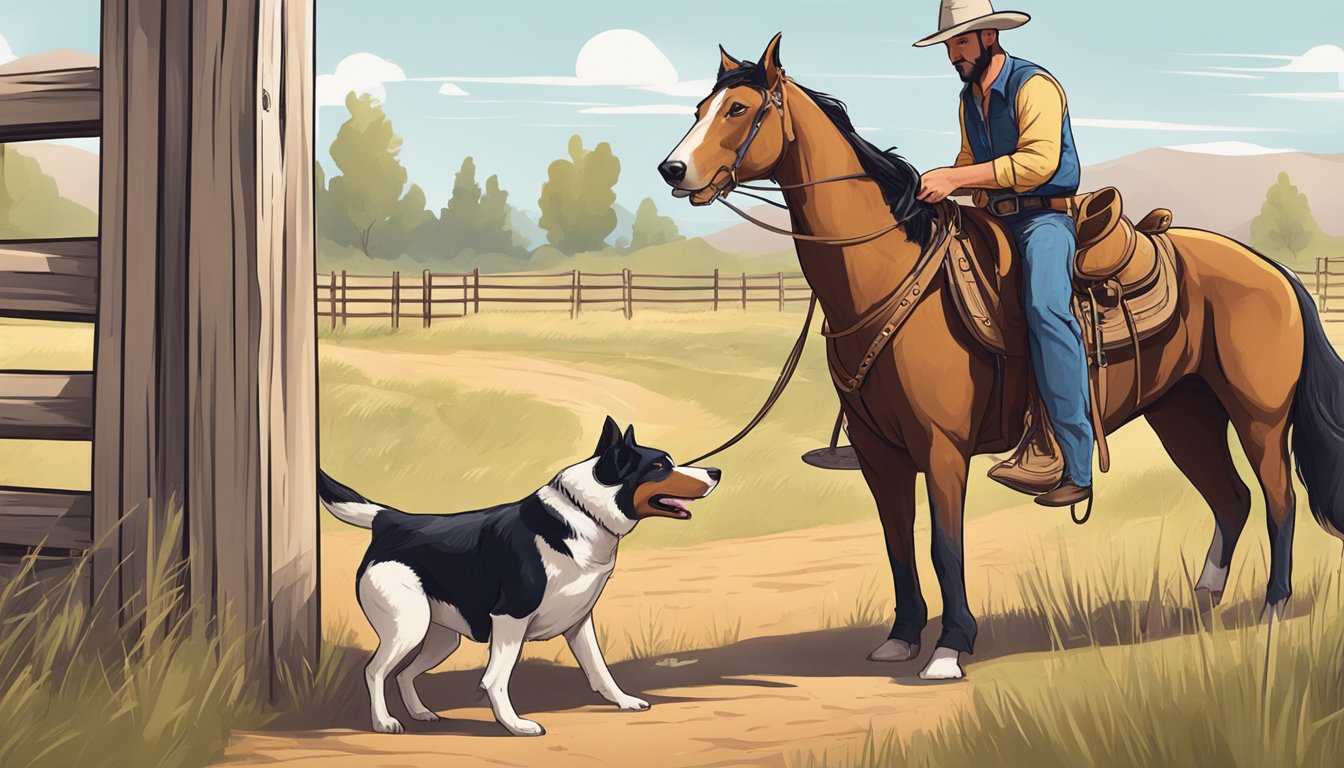 A cowboy using positive reinforcement to train his loyal dog on a western ranch