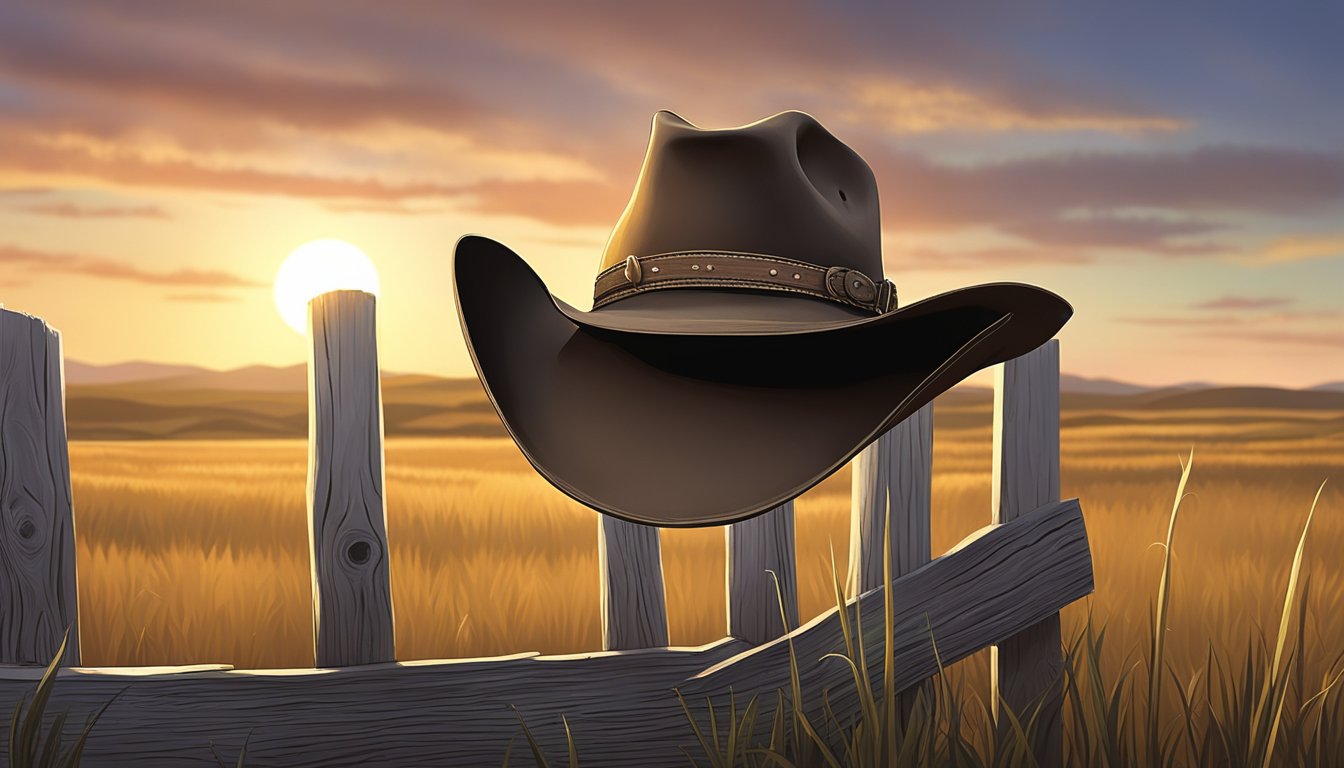 A lone cowboy hat rests on a weathered wooden fence, with a guitar leaning against it. The sun sets behind a vast, open prairie, setting the scene for the influence of cowboy culture on modern fashion