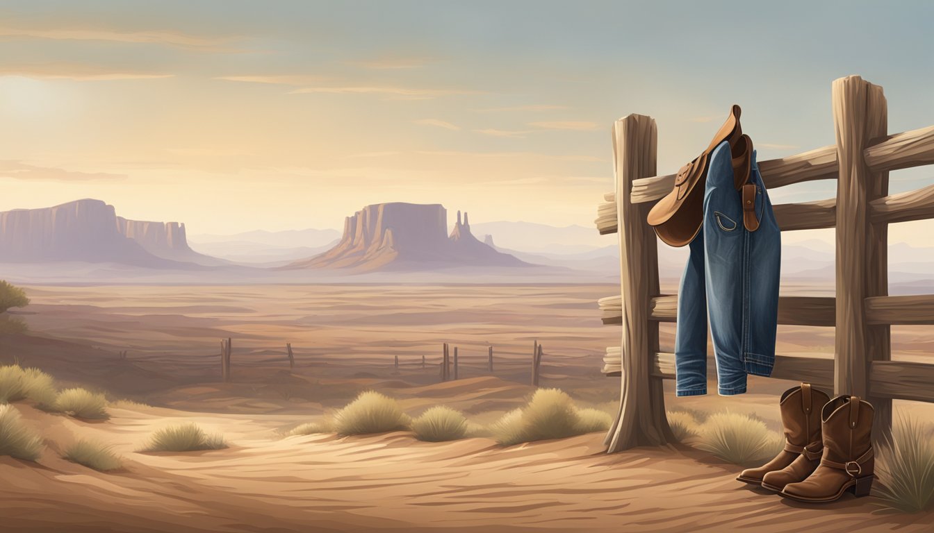 A lone pair of cowboy jeans hanging on a wooden fence post, surrounded by a dusty desert landscape and a worn leather saddle