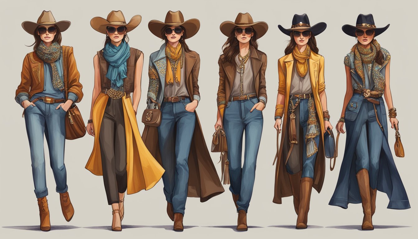 A modern fashion runway with global influences, featuring cowboy-inspired clothing and accessories