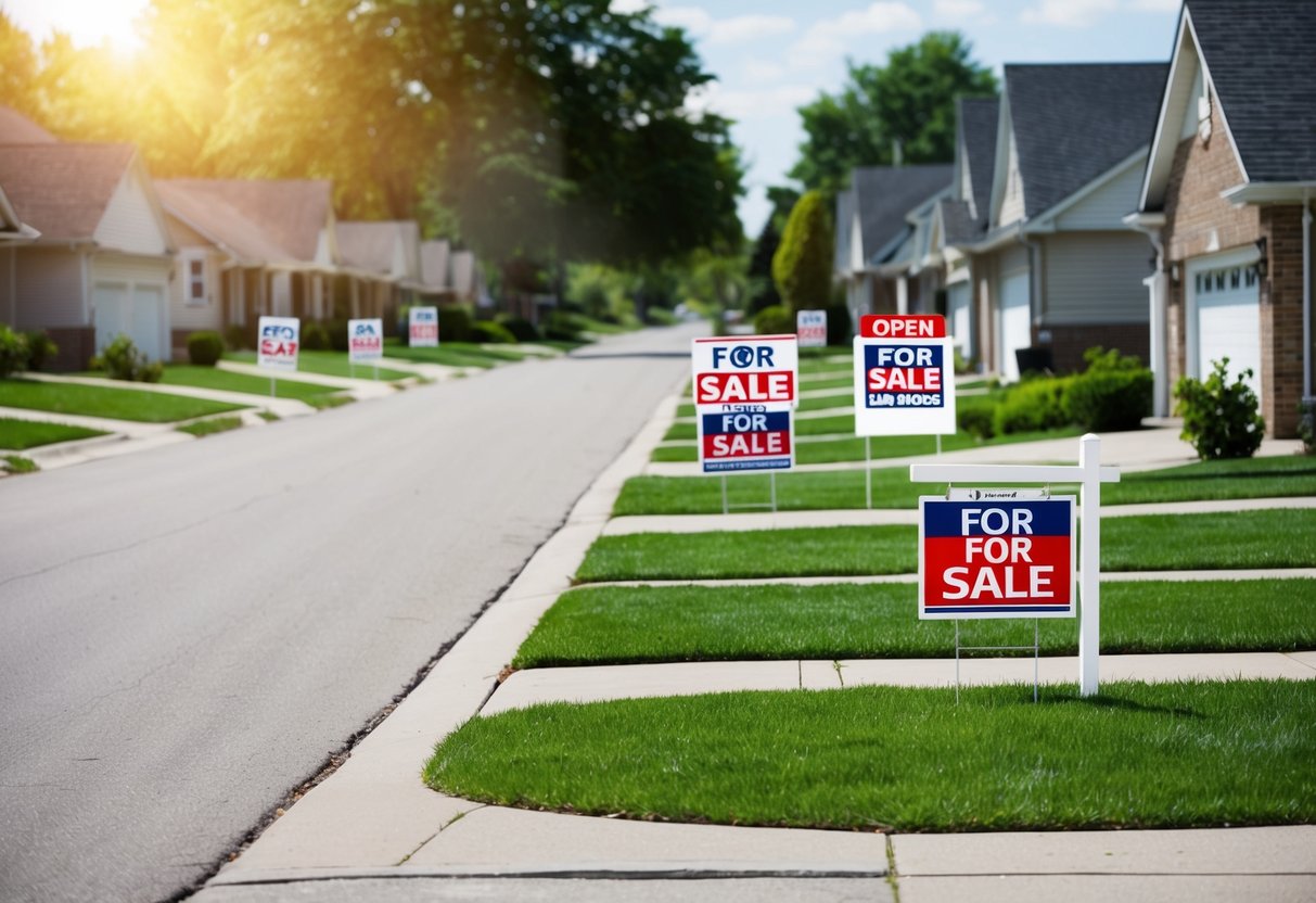 A deserted suburban street on a sunny afternoon, with multiple "For Sale" signs and empty open house signs scattered on the lawns