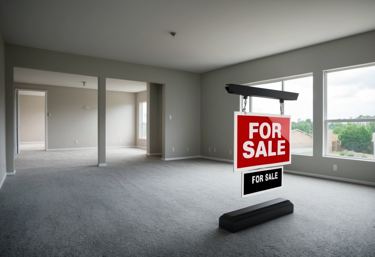 A deserted open house with empty rooms, a "For Sale" sign, and a lack of foot traffic, contrasting with a bustling online real estate marketplace