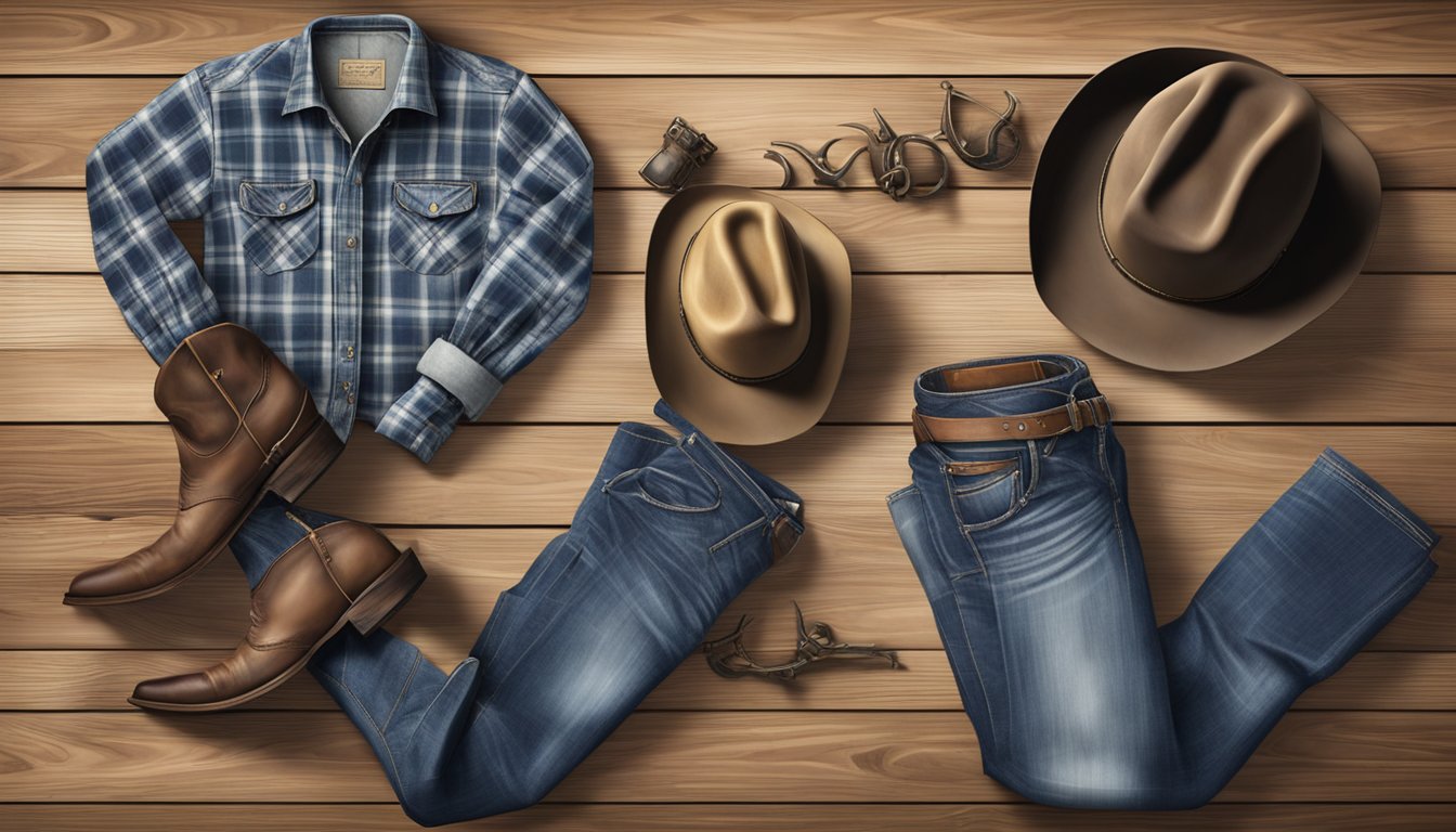 A cowboy hat, leather boots, denim jeans, and a plaid shirt laid out on a rustic wooden table, surrounded by spurs, lassos, and horseshoes