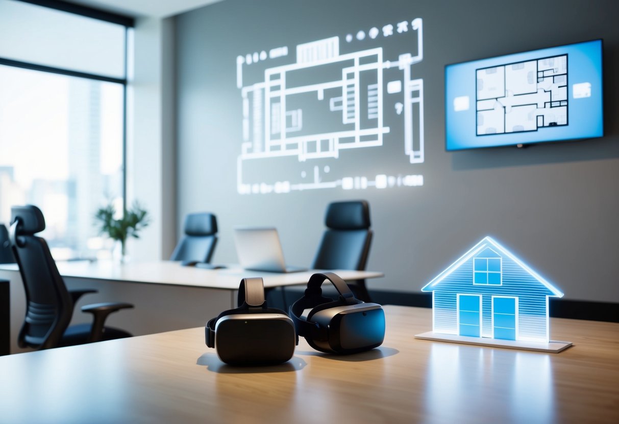 A modern, sleek real estate office with virtual reality headsets on display, a digital floor plan projected on the wall, and a futuristic holographic model of a home