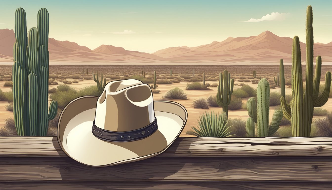 A desert landscape with cacti and a lone cowboy hat resting on a weathered wooden fence, symbolizing the enduring influence of cowboy culture on fashion