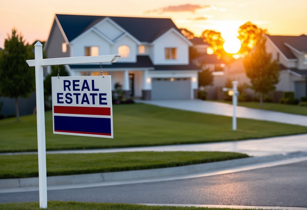 A real estate sign stands alone in front of a modern house, with no visitors in sight. The sun sets in the background, casting a warm glow over the quiet neighborhood